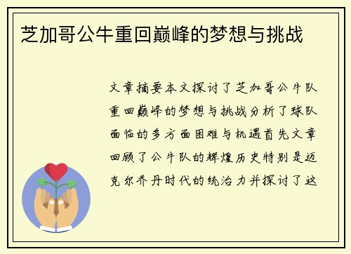 芝加哥公牛重回巅峰的梦想与挑战