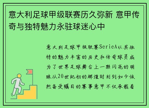 意大利足球甲级联赛历久弥新 意甲传奇与独特魅力永驻球迷心中
